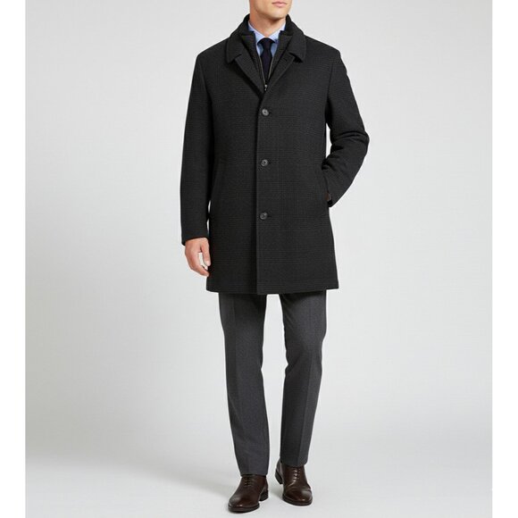 Kenneth Cole Reaction Men's Charcoal Plaid Car Coat with Zip-Out Liner Size L - Picture 1 of 8